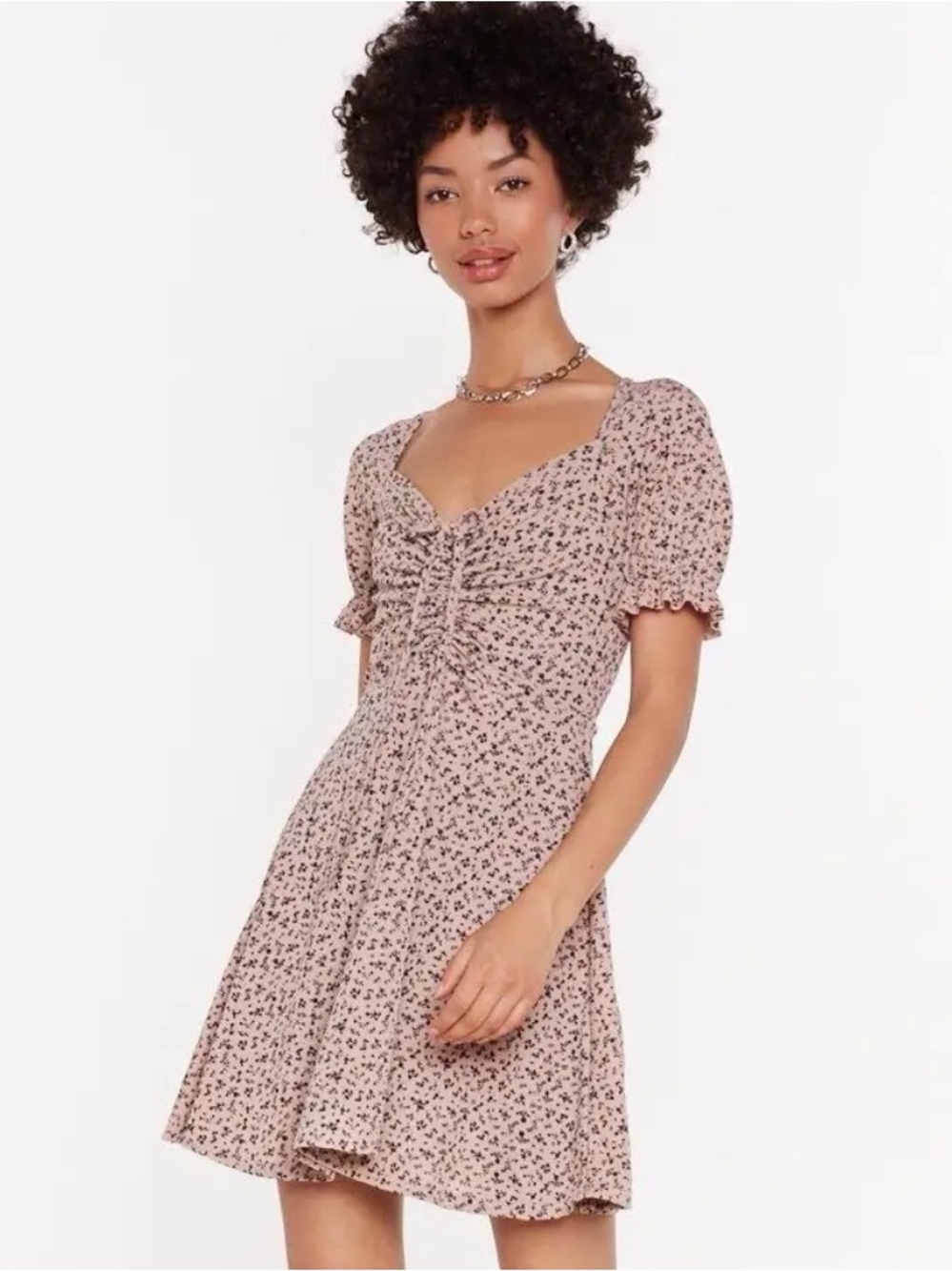 Nasty Gal Mauve Pink Floral Ruched Tie-Front Mini Dress N0582